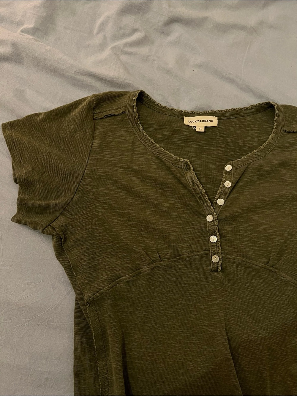 Lucky Brand Olive Short Sleeve Henley with Button Crotchet Trim